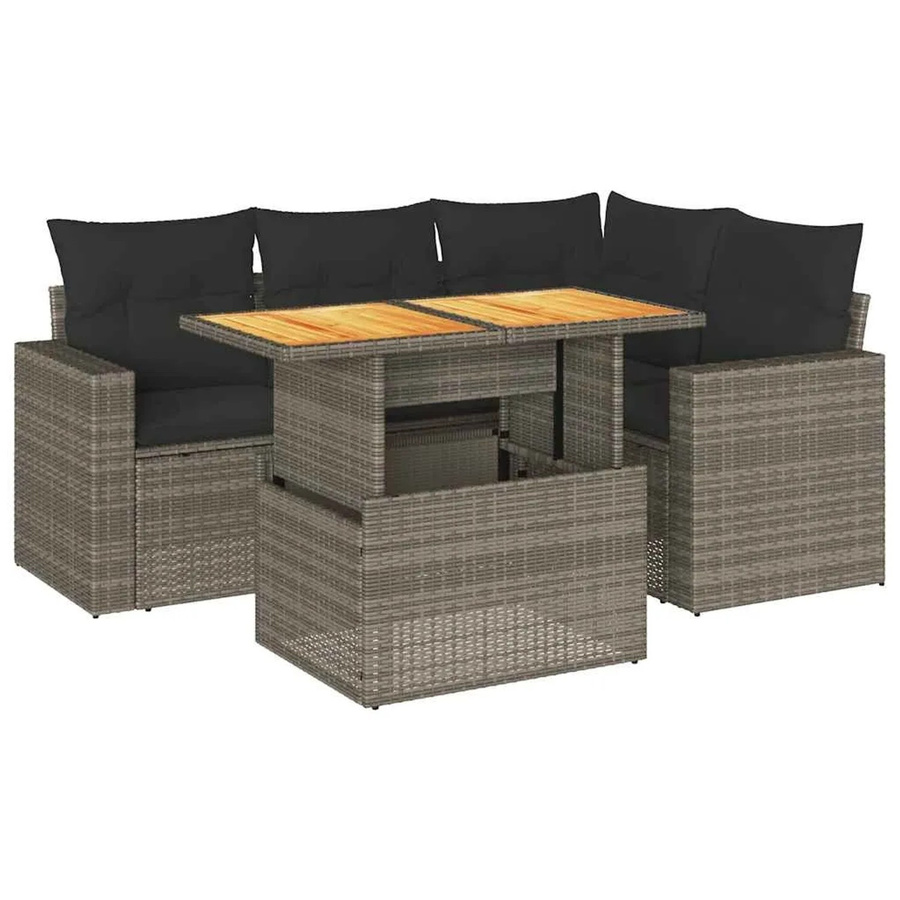 vidaXL 5-teilige Garten-Sofagarnitur aus Poly-Rattan und Akazienholz in Grau mit Kissen - Bild 2