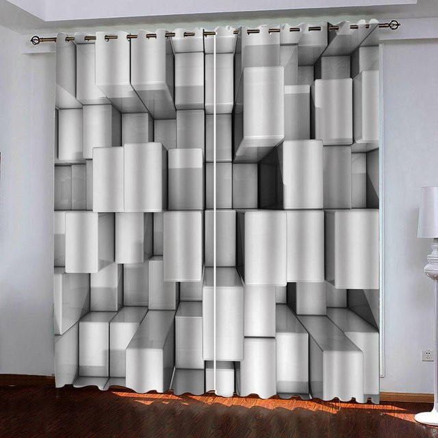 2er-Set Moderne Vorhänge mit 3D Psychedelischem Geometrie-Design in Schwarz und Grau, Semi-Transparent, Polyester, Breite: 135 cm, Höhe: 185 cm - Bild 1