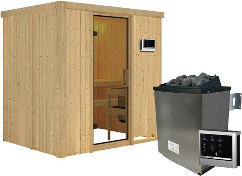Karibu Sauna Kothla aus Fichtenholz mit 9 kW Saunaofen und externer Steuerung für 3 Personen, beige, B/T/H: 198 x 151 x 196 cm - Bild 1