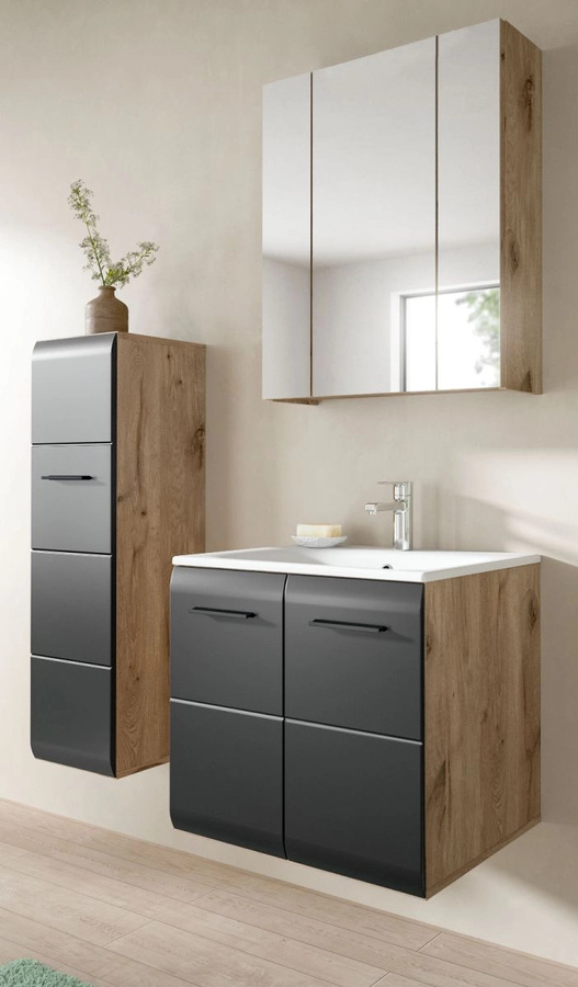Badmöbel Set Cover von Inn.Furn in Schwarz und Eiche, 3-teilig mit Waschtischunterschrank, Spiegelschrank mit LED-Beleuchtung und Seitenschrank, Breite: 105 cm - Bild 1
