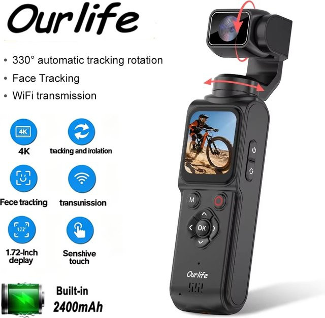Ourlife 4K Pocket Gimbal Actionkamera mit 75MP, 330 Grad Rotation, Auto-Tracking und 1,7-Zoll-Touchscreen in Schwarz - Bild 1