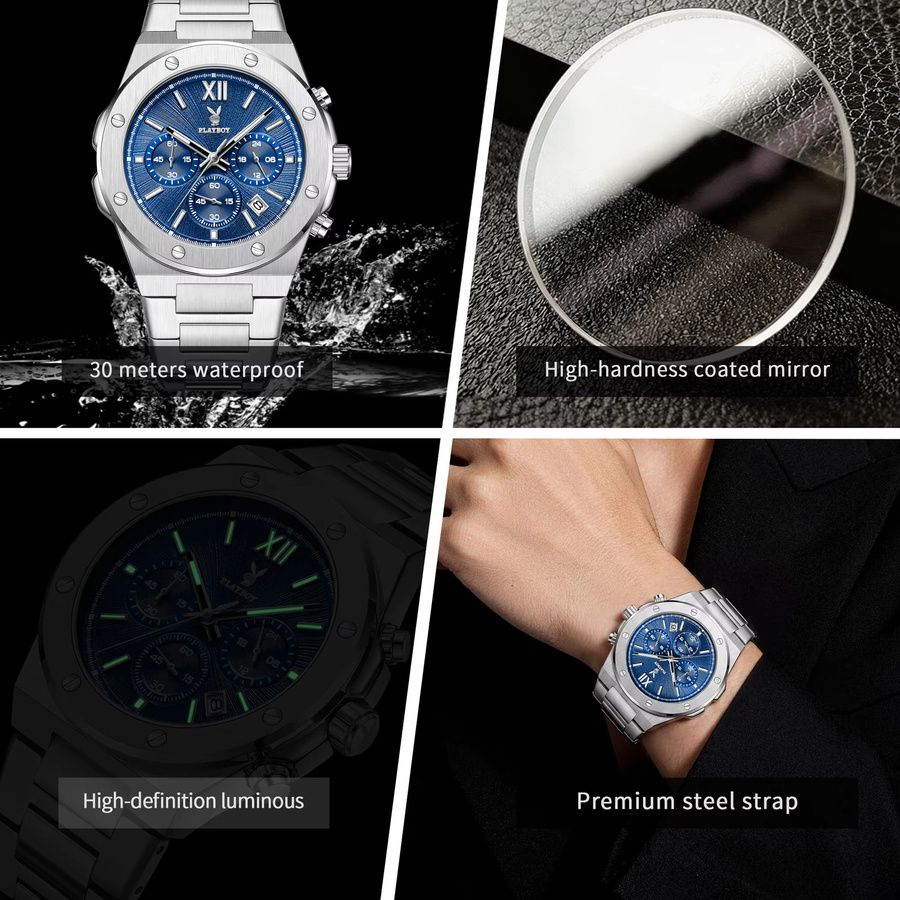 PLAYBOY Armbanduhr, Chronograph, Quarz, Edelstahl, Blau, Herren - Bild 4