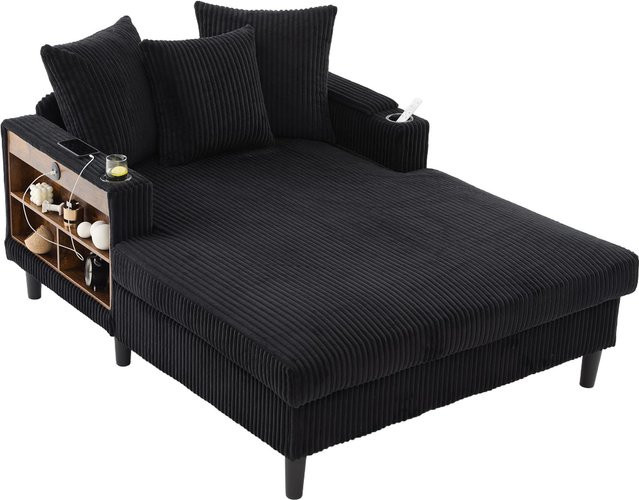 GOMYWAY Home Multifunktionale Cord-Chaiselongue in Schwarz mit beidseitigen Getränkehaltern und klappbarer Armlehne, B/T/H: 129 x 170 x 70 cm - Bild 1