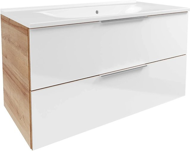 Fackelmann Badmöbel-Set B.Brillant Waschplatz in Asteiche mit weißem Gussmarmor-Waschtisch und Glaselementen, B/T/H: 100 x 54,2 x 48,9 cm - Bild 1