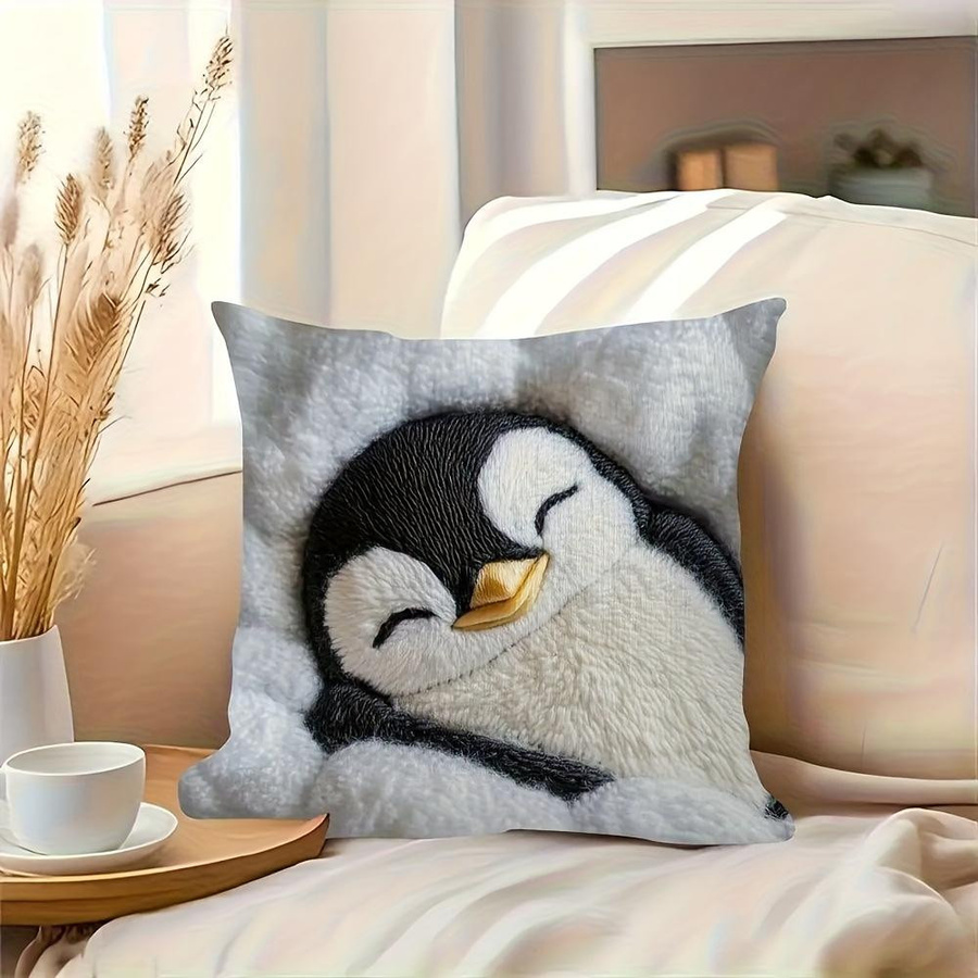 Weiche Kissenhülle mit 2D gesticktem Schlaf-Pinguin Aufdruck, Peach Skin Material, B/B/H: 18 x 18 x 1 cm, Mehrfarbig - Bild 3