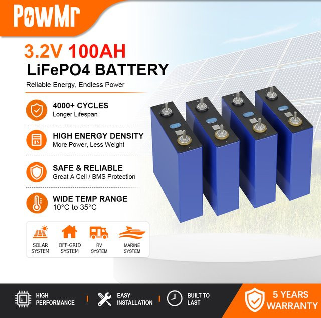 PowMr LiFePO4 Lithium-Eisenphosphat-Batteriezellen Klasse A, 4 Stück, 3,2V 100Ah, blau, wiederaufladbare Tiefzyklus-Batterien für Solarenergiespeicherung, Wohnmobile, Marine und USV - Bild 1