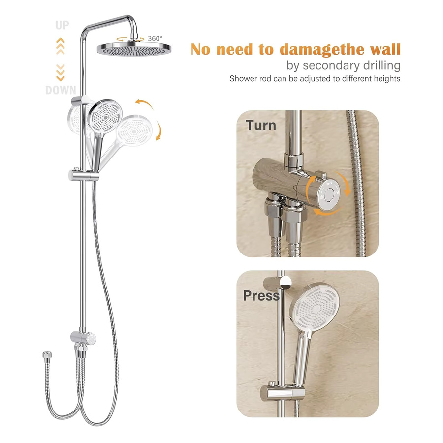 HiMISS Badezimmer-Duschsystem aus Edelstahl in Chrom/Silber mit Regenduschkopf, Handbrause und Mischbatterie - Bild 2
