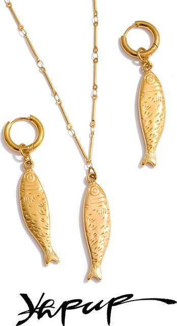 Yhpup Halskette und Ohrringe, Fisch Anhänger, Edelstahl, Gold - Bild 1
