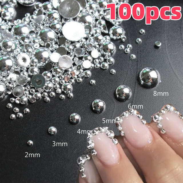 HotPress Nail Art Strasssteine, silberne halbrunde Perlen, 100 Stück - Bild 1