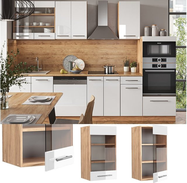 Vicco Küchen-Hängeschrank Fame-Line mit Glasschrank-Element in Weiß und Eiche Hochglanz, Breite: 40 cm - Bild 1