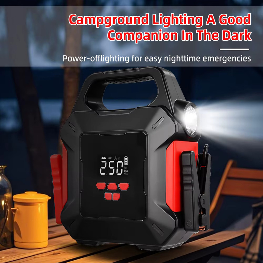 Podofo 5-in-1 Auto-Starthilfe Powerbank mit 16000mAh und tragbarem Luftkompressor zum Reifenfüller und Batterie-Notfall-Booster in Schwarz und Braun - Bild 3