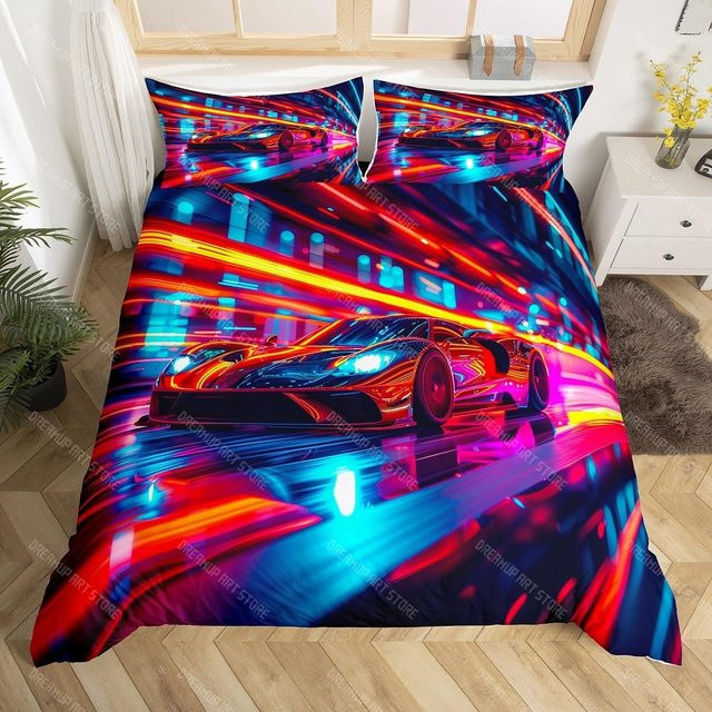 Binchi Fitness Sportwagen Bettwäscheset für Jungen und Teenager, Rennwagen Bettbezug mit Kissenbezug aus Mikrofaser, Mehrfarbig, B/T: 200 x 200 cm - Bild 1