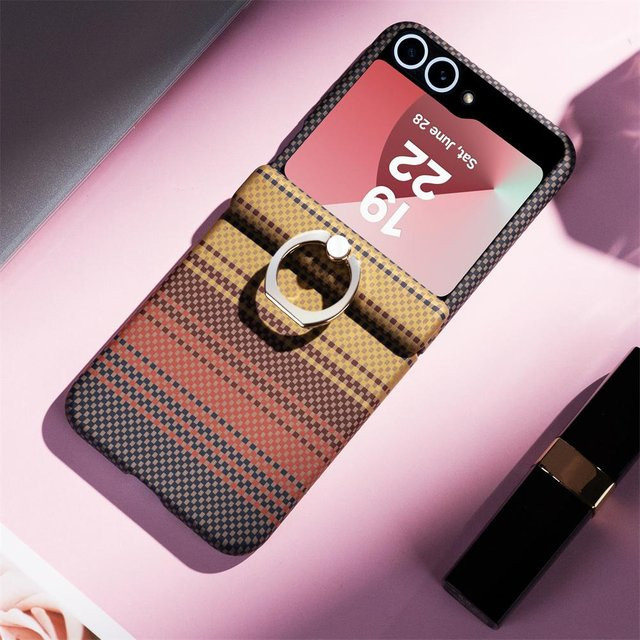 Magnetische Karbonfaser-Leder-Handyhülle mit Ringständer und MagSafe für Samsung Galaxy Z Flip 7, Z Flip 6, Z Flip 5 und Flip7 FE in Orange - Bild 1