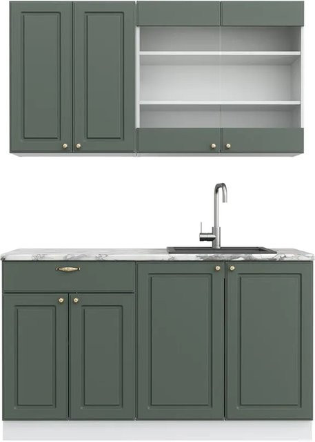 Vicco Fame-Line Singleküche im Landhausstil in Grün und Weiß mit Marmor-Optik, Breite: 140 cm - Bild 1