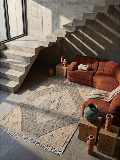 Flachgewebe-Teppich Kadima Design Medaillon in Natur und Beige, Vintage-Stil aus Wolle und Jute, B/T: 140 x 200 cm - Bild 1