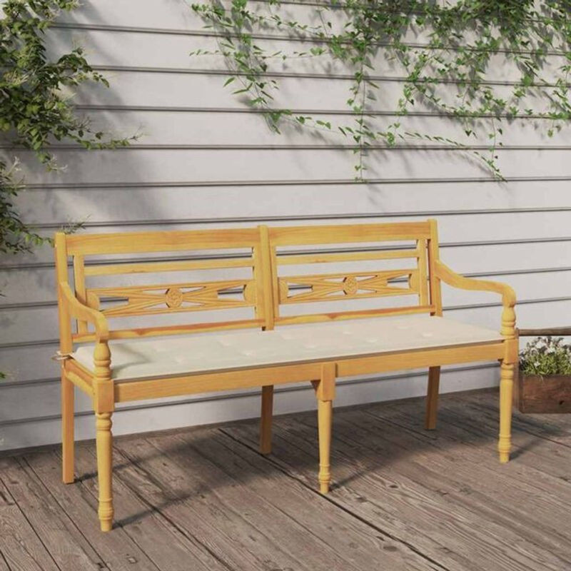 Vidaxl Batavia Bank aus Massivholz Teak mit Creme Kissen in Beige, Breite: 150 cm, Höhe: 84 cm, Tiefe: 51,5 cm - Bild 1