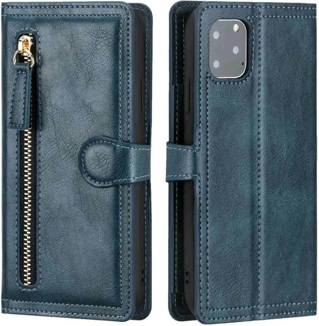 Leder Klapp-Portemonnaie Hülle mit Reißverschluss und Kartenhalter für iPhone 11 bis iPhone 16 Pro Max in Petrol - Bild 1