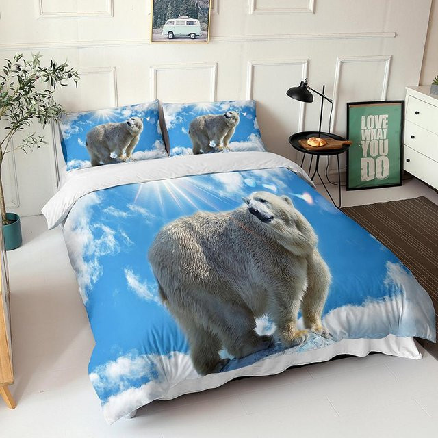 Binchi Outdoor Product Eisbär Bettwäsche-Set mit Cartoon-Muster aus weicher Mikrofaser, Blau, B/H: 135 x 200 cm - Bild 1