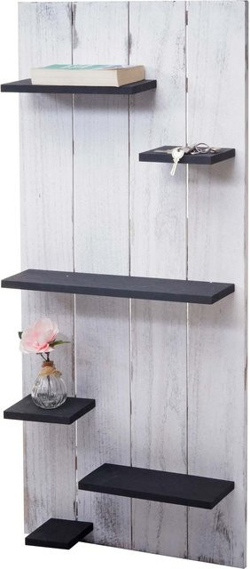 Wandregal MCW-C65 aus Massivholz im Shabby-Chic-Design mit 6 Ebenen, weiß/dunkelgrau, B/H/T: 110 x 50 x 14 cm - Bild 1