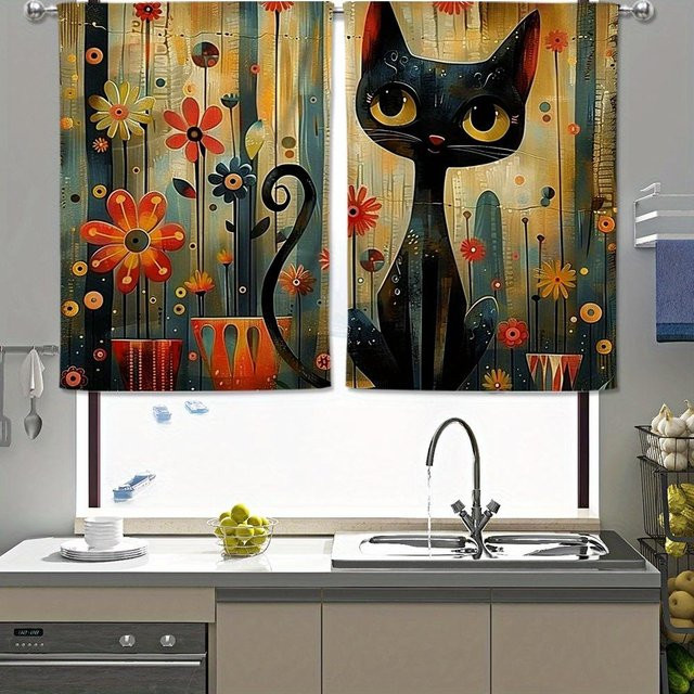 Yiran Furniture Vorhang Set mit Katzen-Print, 2 Stück, halbtransparent, Polyester, Mehrfarbig, Breite: 50 cm, Höhe: 130 cm - Bild 1
