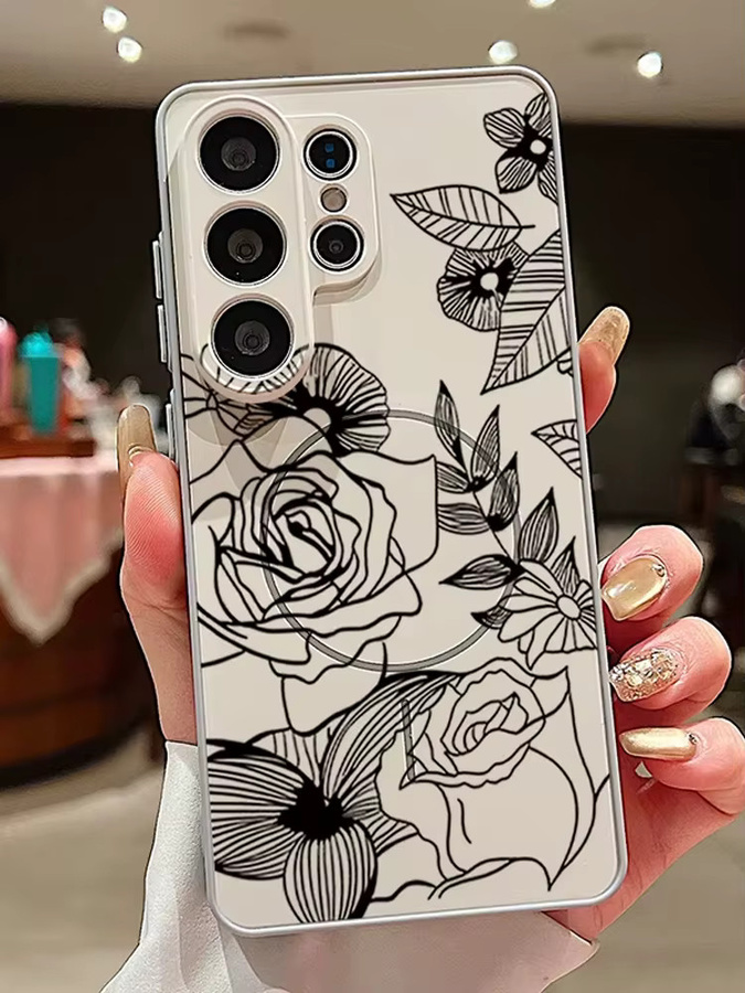 Magnetische Handyhülle mit schwarzem Blumenmuster für Samsung Galaxy S25 S26 Ultra Edge S24 S23 FE A17 A56 A37 A16 A55 A15 A36 A55 Cover in Schwarz und Grau - Bild 4