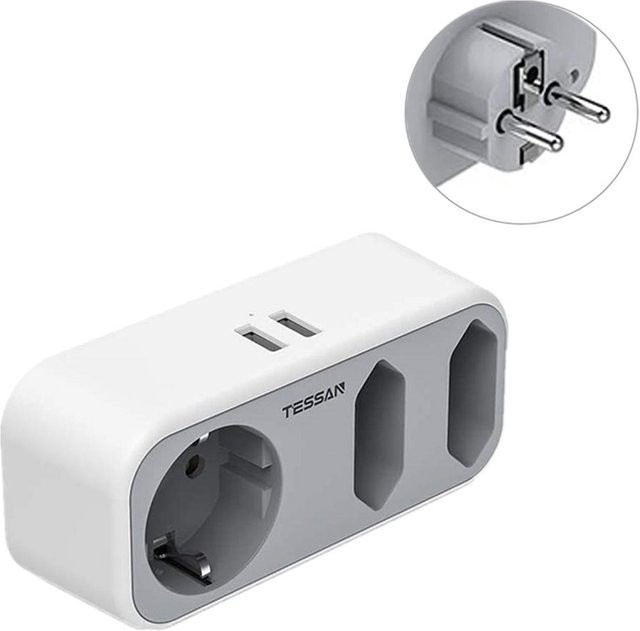 TESSAN 5 in 1 USB-Steckdosenadapter in Grau mit 3 EU-Steckdosen und 2 USB-Anschlüssen inklusive USB-C Port - Bild 1