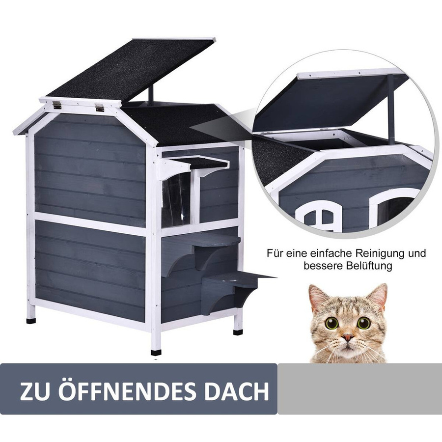 PawHut Katzenhaus aus grau lackiertem Tannenholz mit 2 Etagen und wetterfestem Dach, B/T/H: 78 x 55,5 x 91 cm - Bild 6
