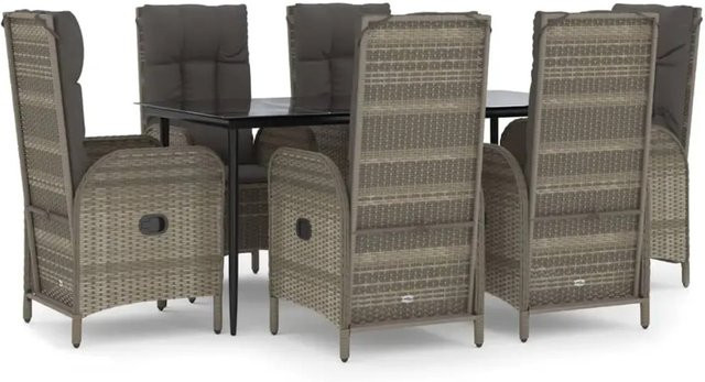 vidaXL 7-teilige Garten-Essgruppe aus Poly Rattan mit Kissen in Schwarz und Grau und Tisch mit gehärtetem Glas - Bild 1