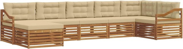 vidaXL 7-teilige Sofagarnitur L-Form aus Massivholz Akazie in Natur und Beige mit wetterfesten Kissen - Bild 1