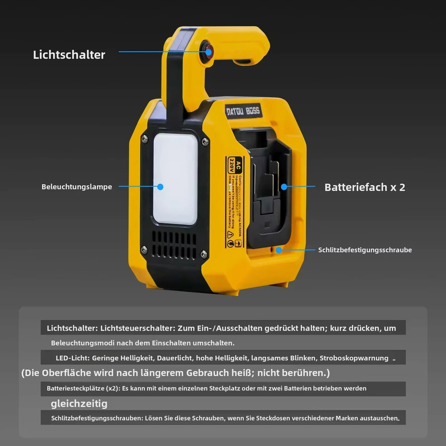 DATOUBOSS Tragbare Powerstation 500W Reiner Sinus-Wechselrichter mit 220V AC-Ausgang, Typ-C PD Schnellladung, 1 USB-A und 2 USB-C Anschlüssen sowie 500 LM LED-Licht in Gelb - Bild 6