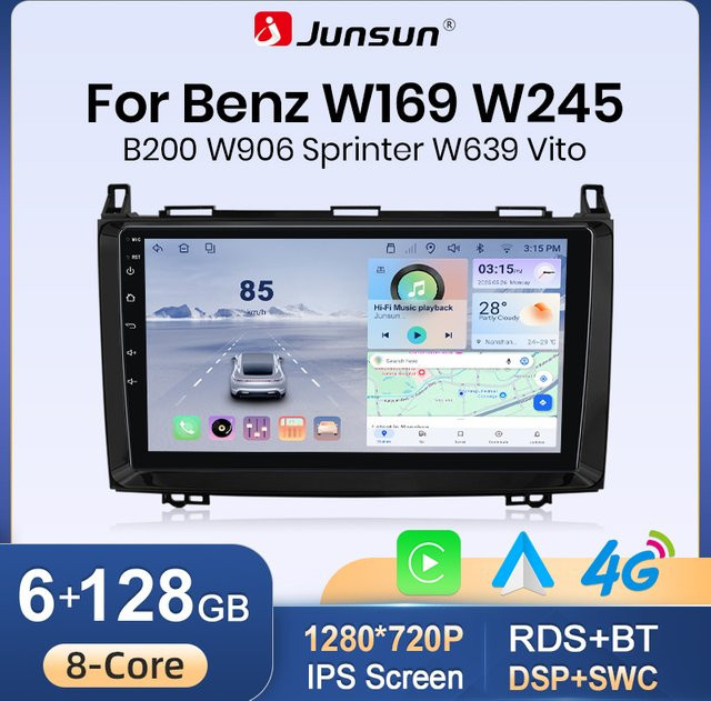 Junsun 9-Zoll Android 15 Autoradio für Mercedes Benz W169 W245 B200 W906 Sprinter W639 Vito in Schwarz mit kabellosem CarPlay, Android Auto, GPS, WiFi, 4G und Bluetooth - Bild 1