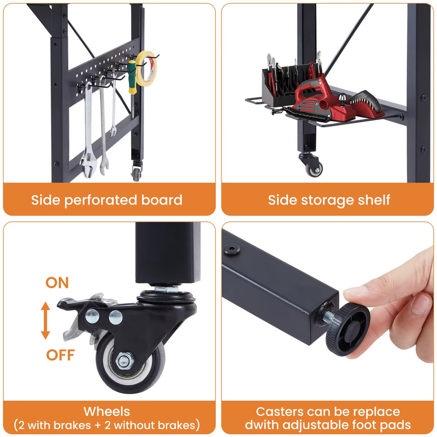 Svintora Mobile Werkbank in Schwarz mit Holzplatte und Lochplatte, Verstellbare Werkstattstation mit AC-USB-Anschluss und Rollen, Breite: 120 cm - Bild 4