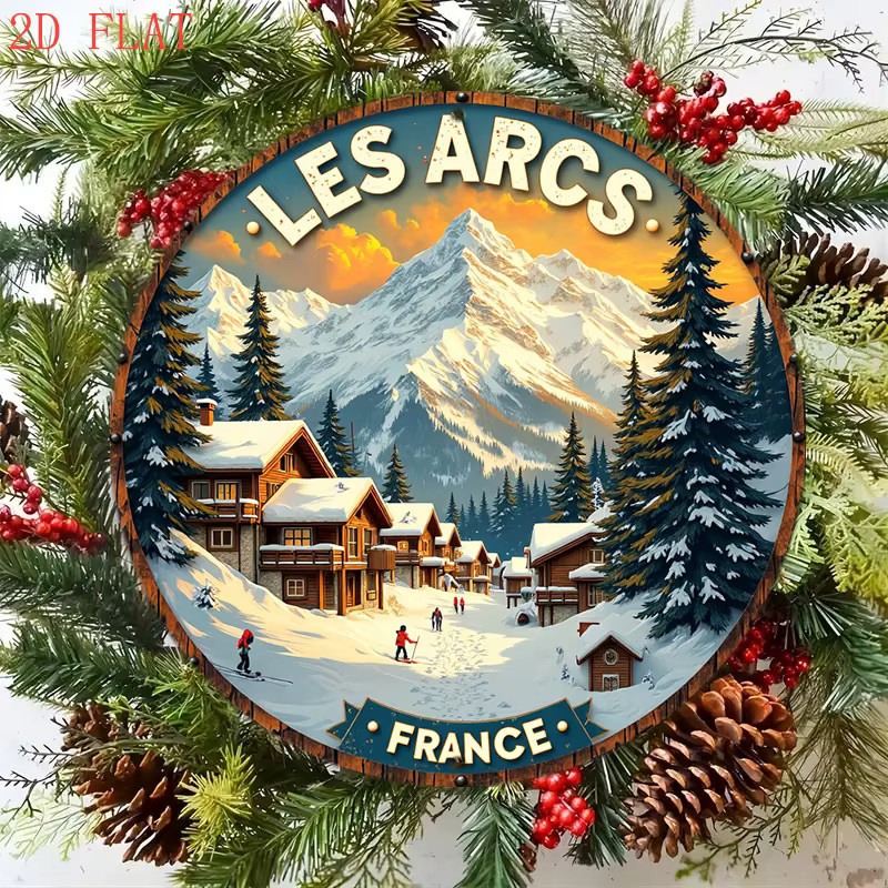 Potdemiel Metallwandkunst Les Arcs Ski Resort Frankreich Rundschild Winterszene mit Berghütten und Skiliften, Durchmesser: 20,32 cm, Mehrfarbig - Bild 5