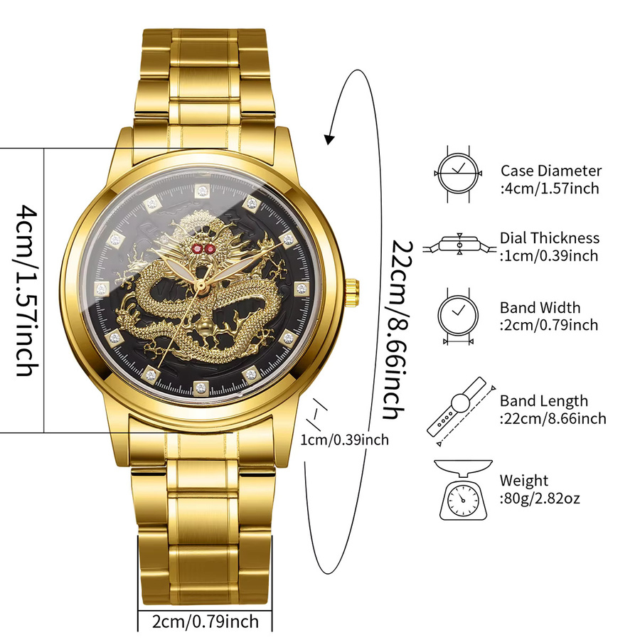 yolako Armbanduhr Quarz, Edelstahl, Gold, Drachen Zifferblatt, Herren - Bild 4