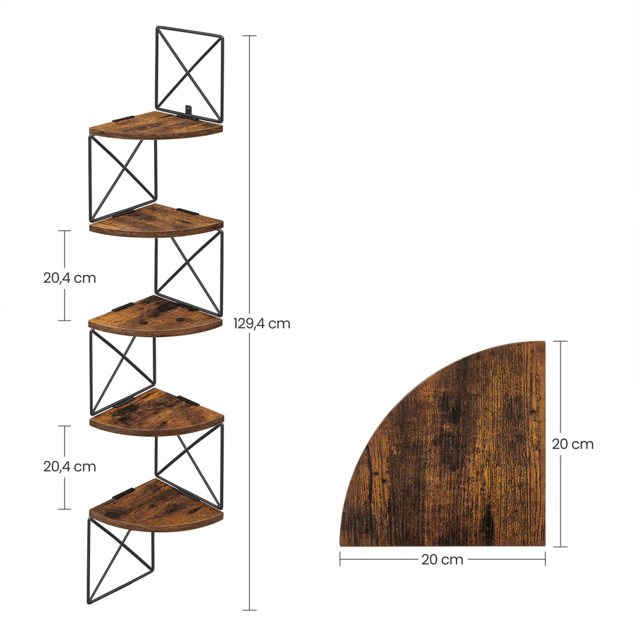 VASAGLE Eckregal mit Zickzack-Design, Wandregal mit 5 Ebenen, Braun-Schwarz, B/T/H: 20 x 20 x 127,5 cm - Bild 5