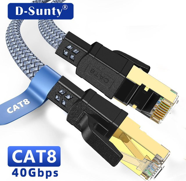 D-Sunty Cat 8 Ethernet LAN Kabel mit RJ45 Anschluss, schwarz, nylonummanteltes flaches Highspeed-Netzwerkkabel für Router, Modem, Laptop und PC - Bild 1