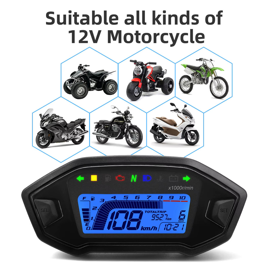 RYSJM AD Motorrad Tachometer mit Sensor und Alarm in Schwarz für KAWASAKI, 10000 RPM Dashboard mit Kilometerzähler und KMH Anzeige - Bild 4