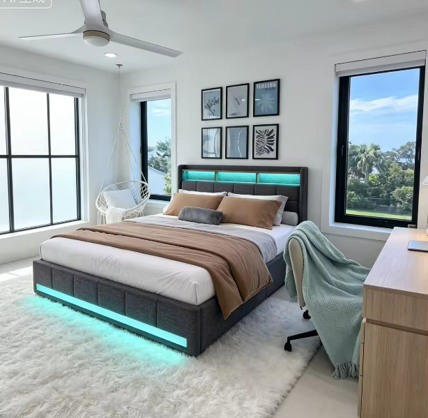 Polsterbett mit Stauraum und LED-Beleuchtung sowie USB-Anschluss, Doppelbett aus Leinen mit 4 Schubladen und Lattenrost, B/T: 180 x 200 cm, Grau - Bild 3
