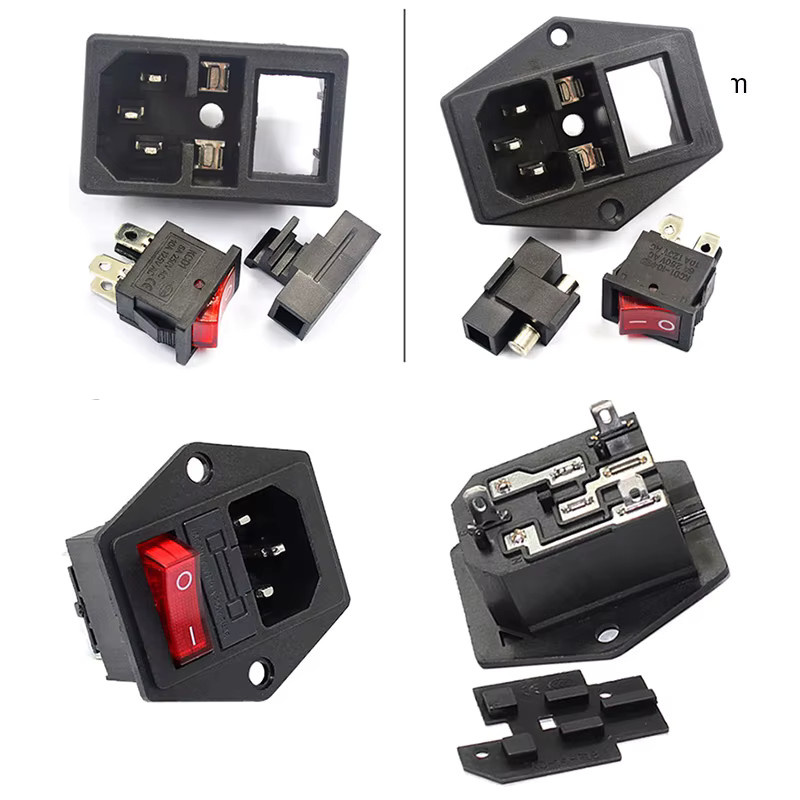 IEC320 C14 Steckdose für Computermontage mit Wippschalter, 2x 3-polig, 10 A, 220 V, Messing, Schwarz/Silber - Bild 4