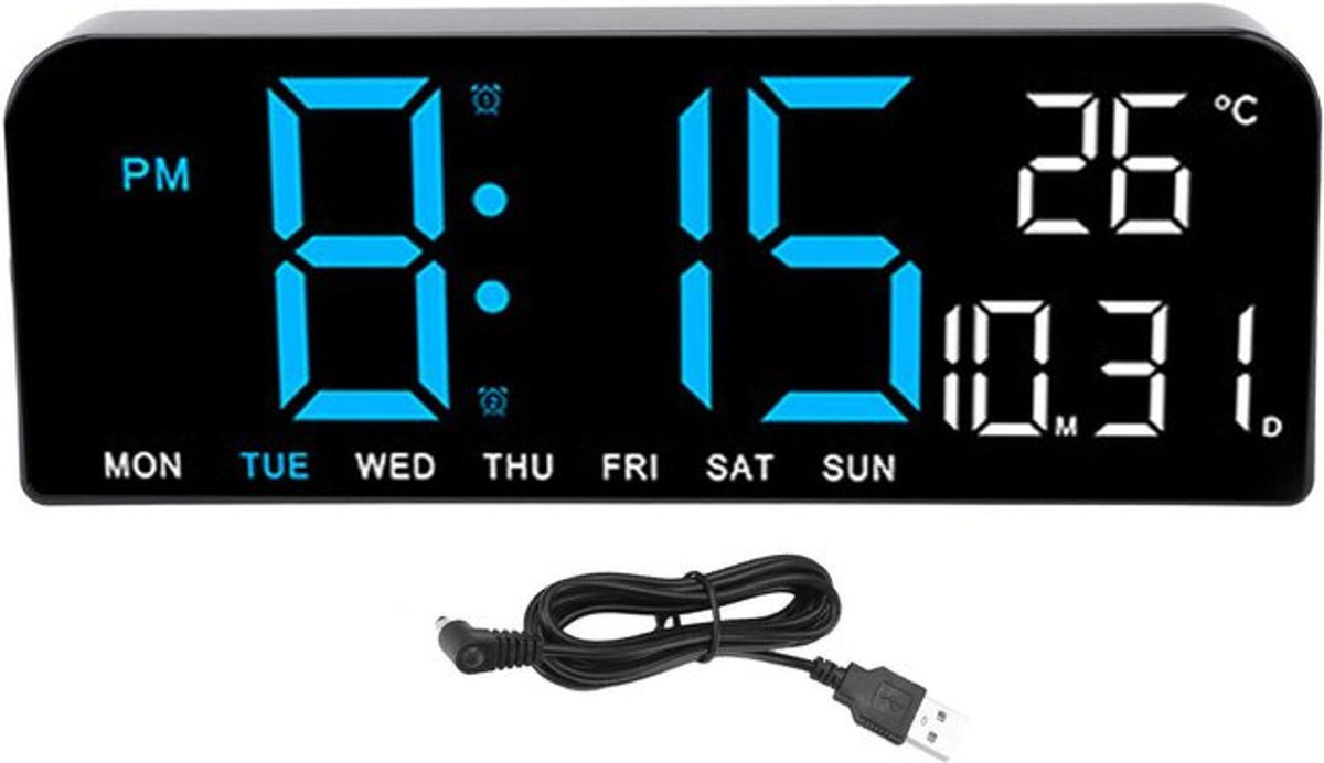 Tooarts Digitaler Wecker mit LED-Display, Wanduhr und Schreibtischuhr in Schwarz mit Temperatur-, Datums- und Wochenanzeige - Bild 1