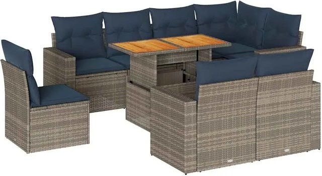 vidaXL 9-teilige Garten-Sofagarnitur aus Poly-Rattan und Akazienholz in Grau mit Kissen - Bild 1