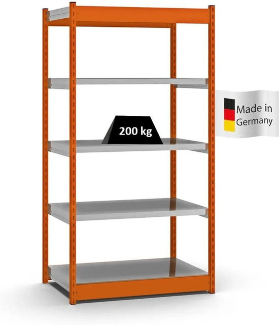 PROREGAL Fachbodenregal Stecksystem mit Vierkant-Profil, 5 Ebenen, einseitige Bauart, Fachlast 200 kg, Farbe: Orange, H x B x T: 200 x 102,5 x 60 cm - Bild 1