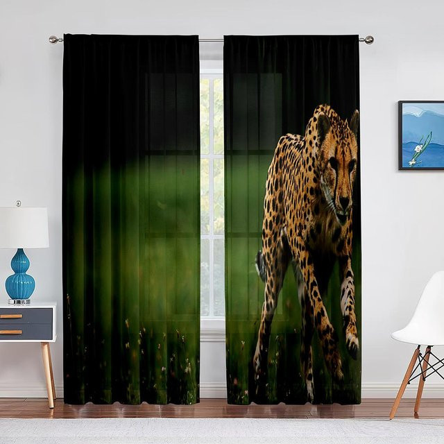 Transparenter Tüllvorhang mit afrikanischem Leoparden-Tierprint in Grün, Chiffon-Fenstervorhang mit Ösen, Breite: 100 cm, Höhe: 250 cm - Bild 1