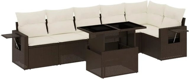 vidaXL 7-tlg Garten-Sofagarnitur in L-Form aus braunem Poly-Rattan mit Kissen und Metallrahmen - Bild 1