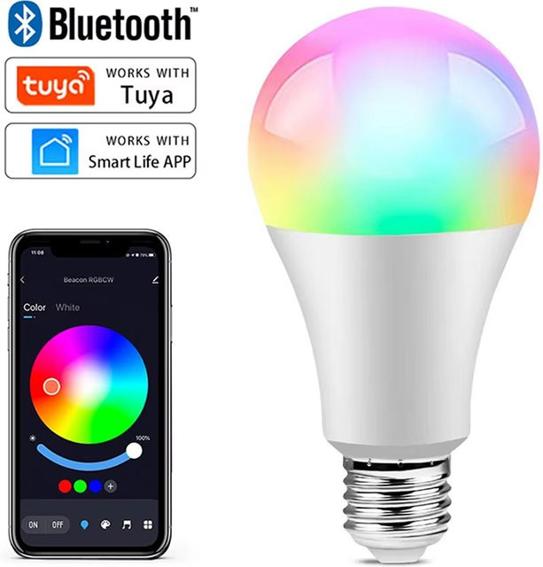 Tuya Smart WiFi Bluetooth RGB LED-Lampe E27, dimmbar mit Musiksynchronisation und RGB+CCT, bunt - Bild 1