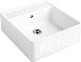 Villeroy & Boch Spülstein-Einzelbecken aus Keramik in White Pea mit Ablaufgarnitur und Exzenter für die Aufsatzmontage - Bild 1