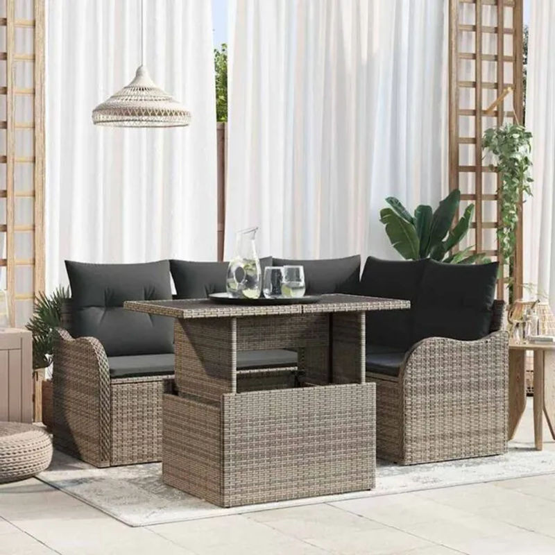 vidaxl Garten-Sofa-Set aus Poly-Rattan in Grau, 5-teiliges modernes Loungemöbel-Set, B/T/H: 100 x 55 x 73 cm - Bild 1