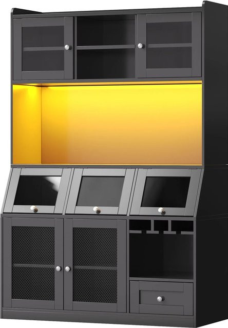 okwish Küchenschrank in Schwarz mit Glastüren, LED-Beleuchtung und USB-Anschluss, B/T/H: 120 x 40 x 181,7 cm - Bild 1
