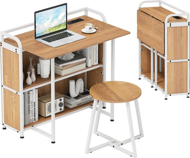 GOFLAME Klappbarer Schreibtisch mit Steckdose und Hocker in Beige und Braun mit Regalen und Metallrahmen - Bild 1