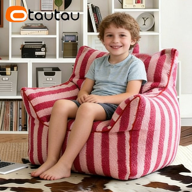 OTAUTAU Sitzsackbezug für Kinder aus Kunstfleece, Eckhocker und Sessel, Pink gestreift, Modell SF612 - Bild 1